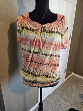 AB Studio Pink Green Multi-Color Tie-Dye Smocked Peasant Top
